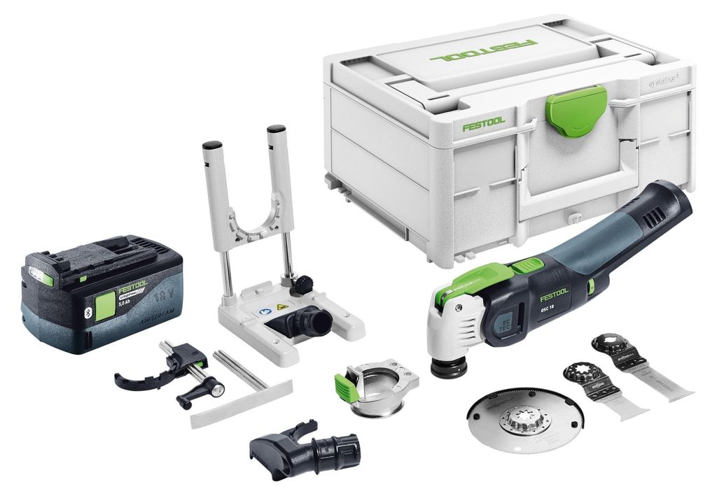 Festool OSC 18 E-Basic-Set Akku Oszillierer 18 V Starlock Max Brushless + 1x Akku 5,0 Ah + 7 tlg. Zubehör Set + Systainer - ohne Ladegerät