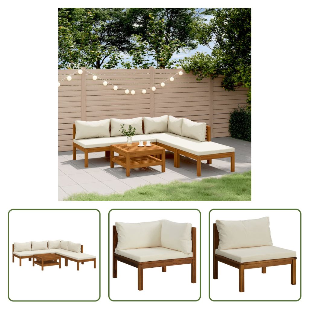 The Living Store 6-tlg. Garten-Lounge-Set mit Creme Kissen Massivholz Akazie