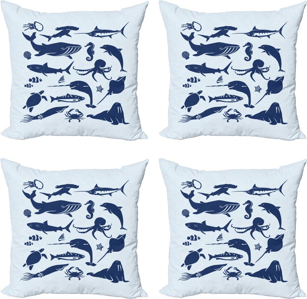 ABAKUHAUS Nautisch Kissenbezug Set (4 Stück), Seal Life Aquatic Tiere, Moderner Doppelseitiger Digitaldruck, 60 cm x 60 cm, Baby Blue Night Blue