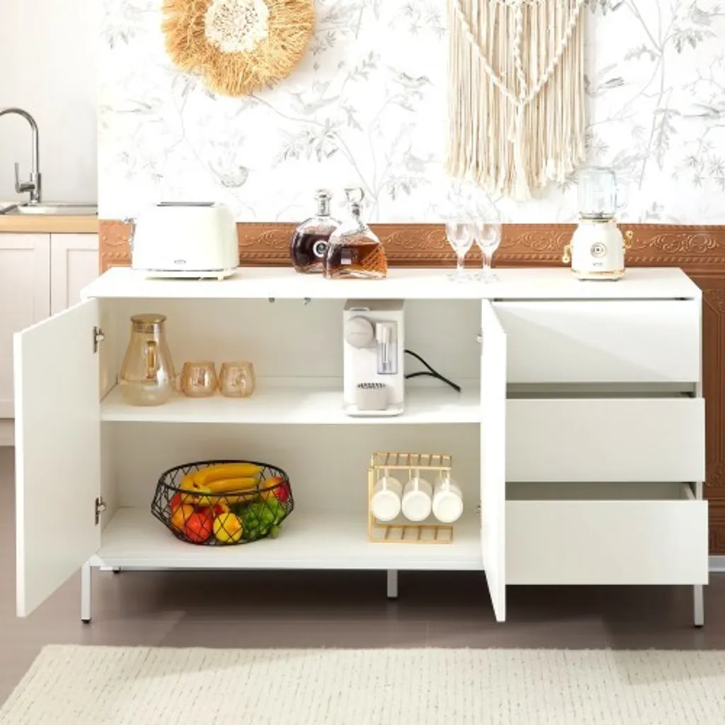 Buffet de Salon Design Blanc 150cm avec Étagères Réglables et Tiroirs