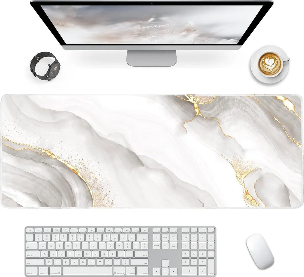 Grand sous-main de bureau XXL blanc marbré pour gamer et bureautique