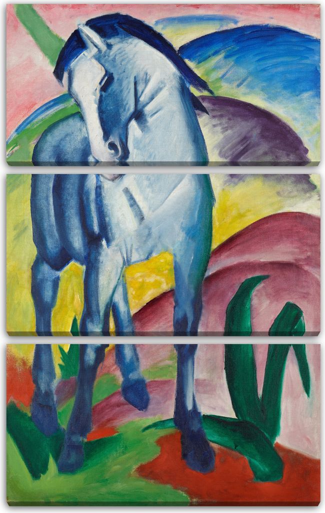 Leinwandbild 3-teilig (80x120cm): Franz Marc - Blaues Pferd (1911), echter Holz-Keilrahmen inkl. Aufhänger, handgefertigt in Deutschland