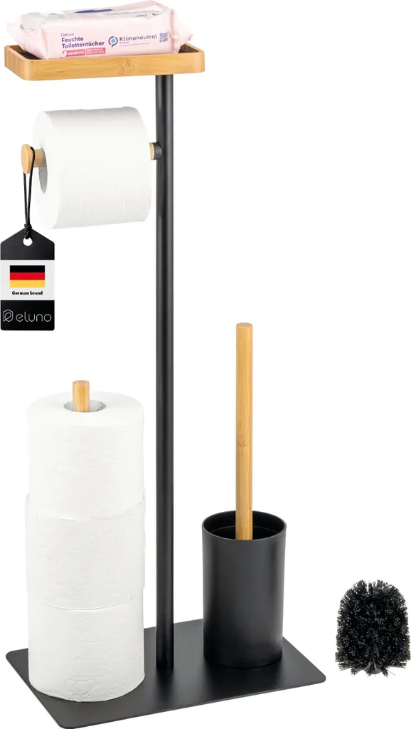 Accessorio Bagno eluno 4in1 | Porta Rotolo, Scopino e Ripiano Bambù