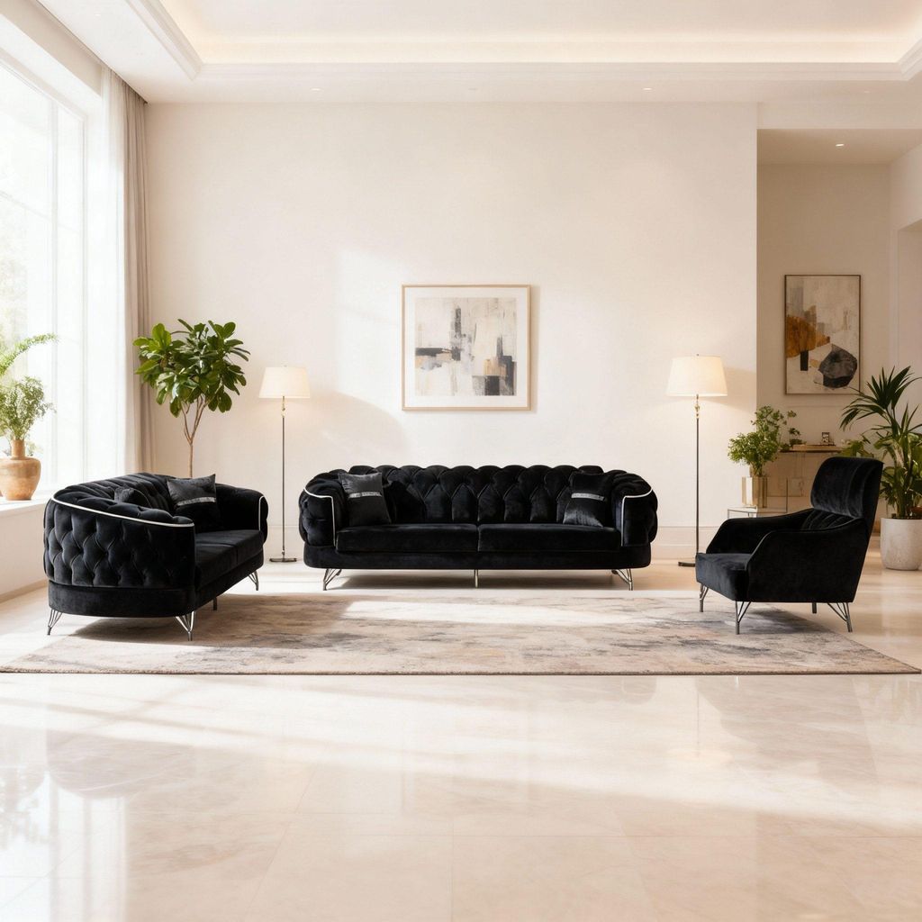 Sofa -Set Imagine, zeitlose Eleganz mit edler in m Samt Spar-Set, 3-Sitzer + 2-Sitzer + Sessel I 3-Sitzer mit Schlaffunktion Farbe: Schwarz