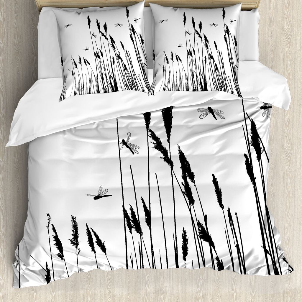 ABAKUHAUS Libelle Bettbezug, Weizen-Feld Herbst, Milbensicher Allergiker geeignet mit Kissenbezügen, 200 cm x 200 cm - 80 x 80 cm, Schwarz-Weiss