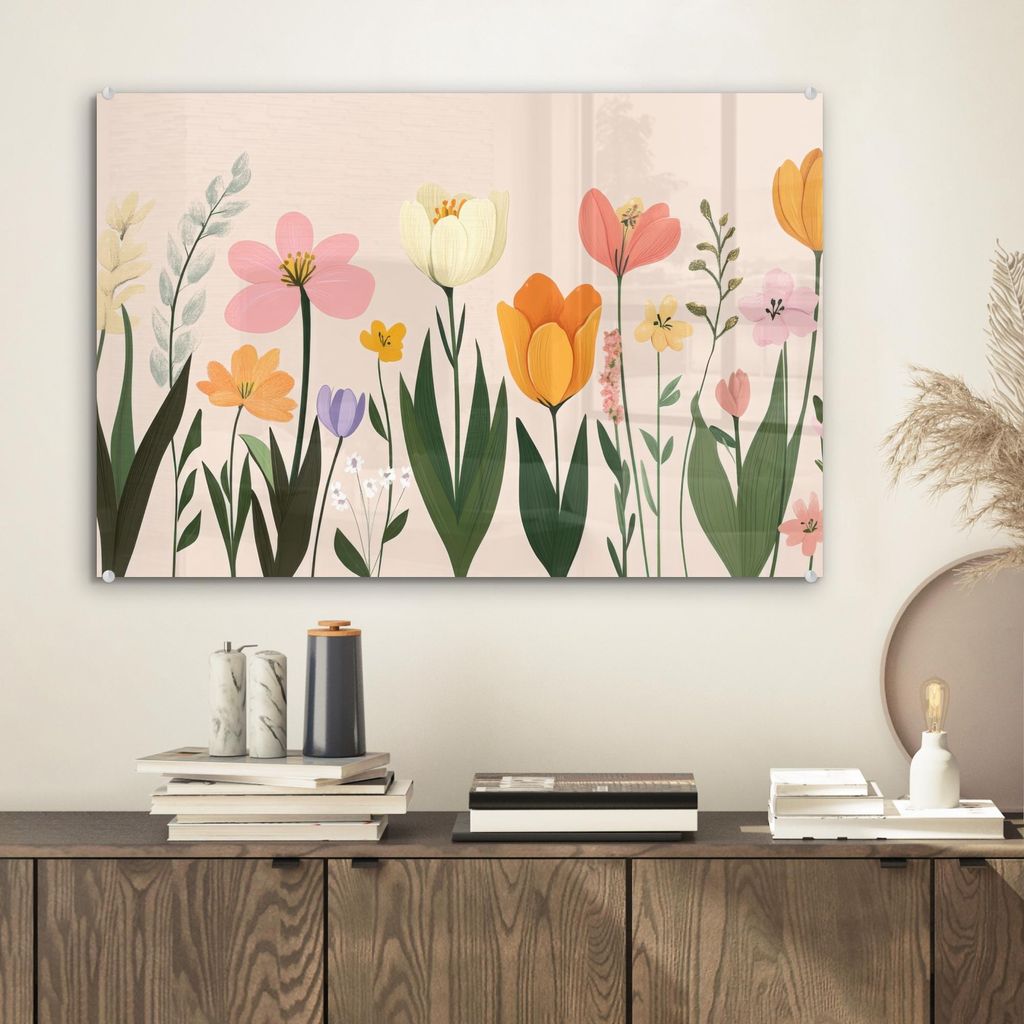 MuchoWow Glasbilder - Bilder auf Wandbild - Foto auf Glas Pastelltöne - Blumen - Illustration 60x40 cm Wanddekoration aus Glas - Acrylglasbild - A...