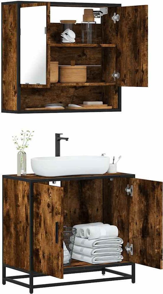 "2026 Promotion" 2-tlg. Badmöbel-Set moderne - mit Stauraum - Räuchereiche Holzwerkstoff - Badezimmer CC15983