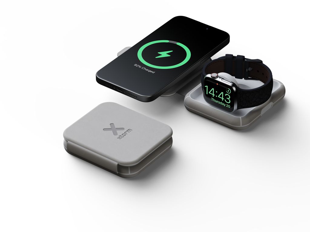 A wireless charger for a phone and a smartwatch.