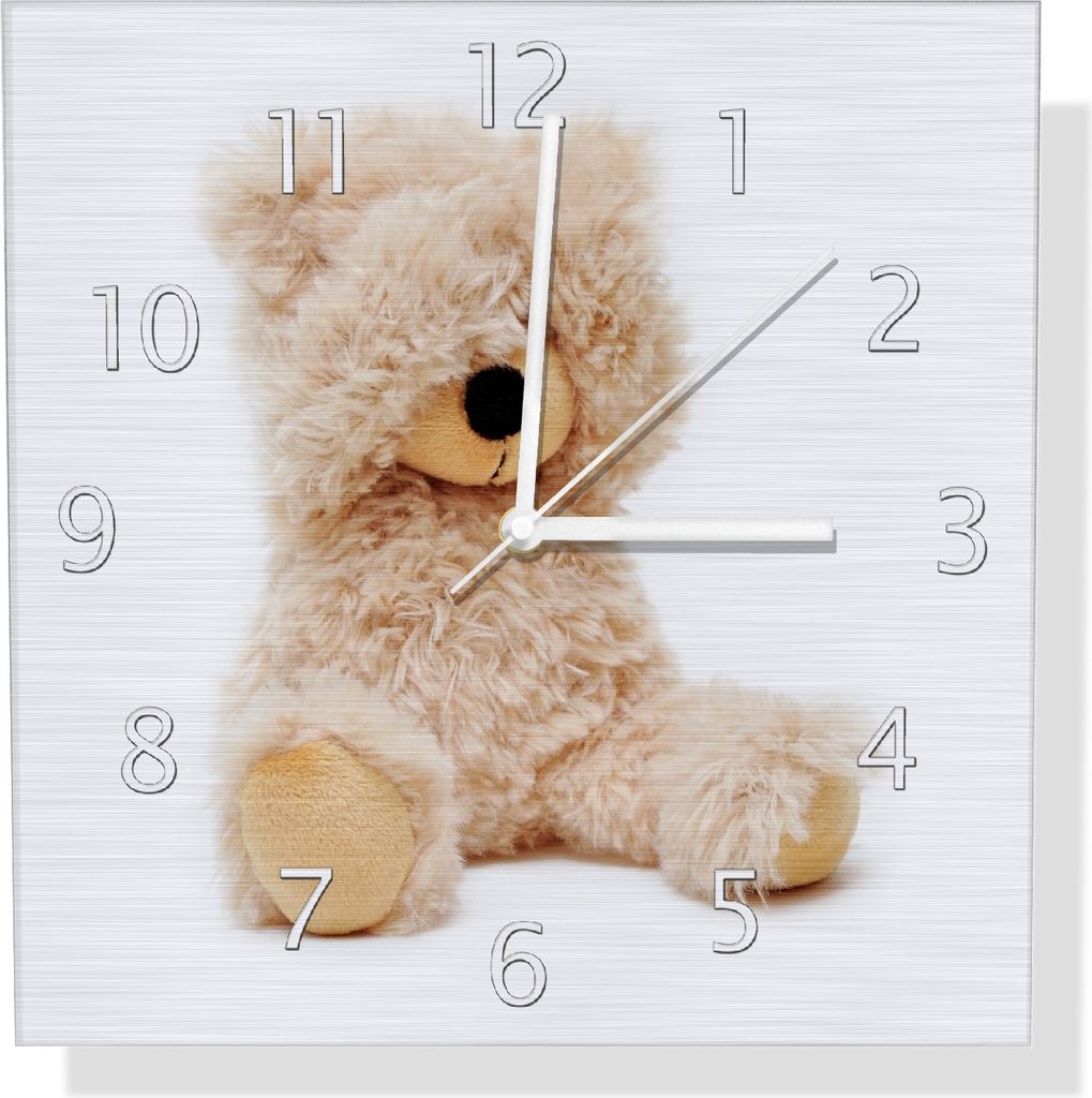 Wallario Design Wanduhr Süßer Teddybär aus Aluverbund, Größe 30 x 30 cm