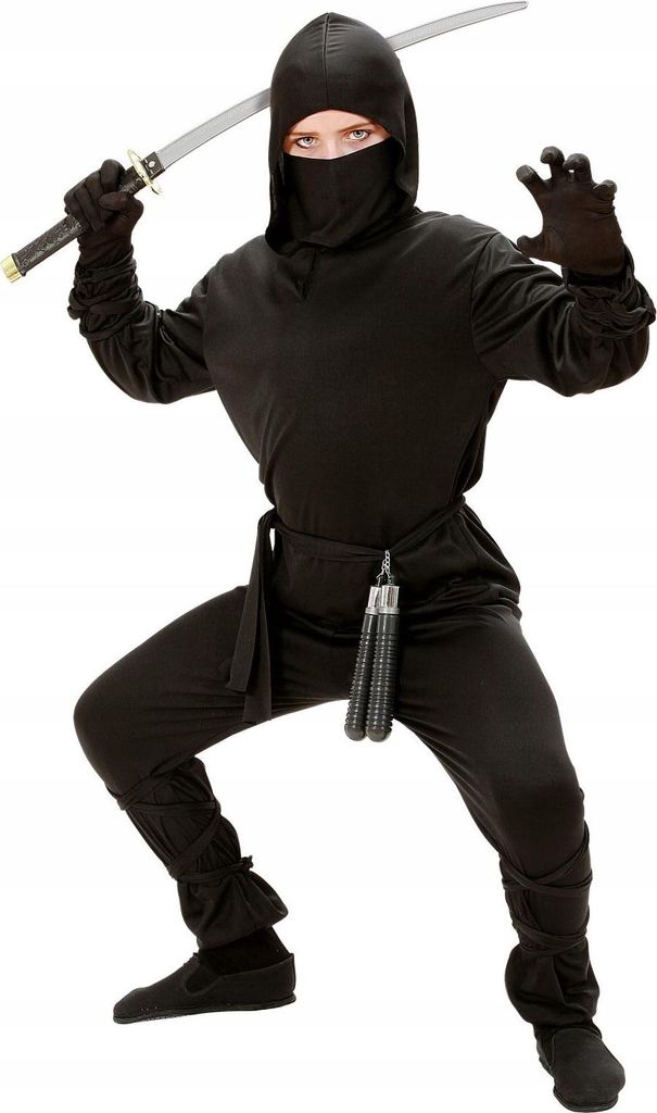 A person dressed as a ninja, holding a sword.