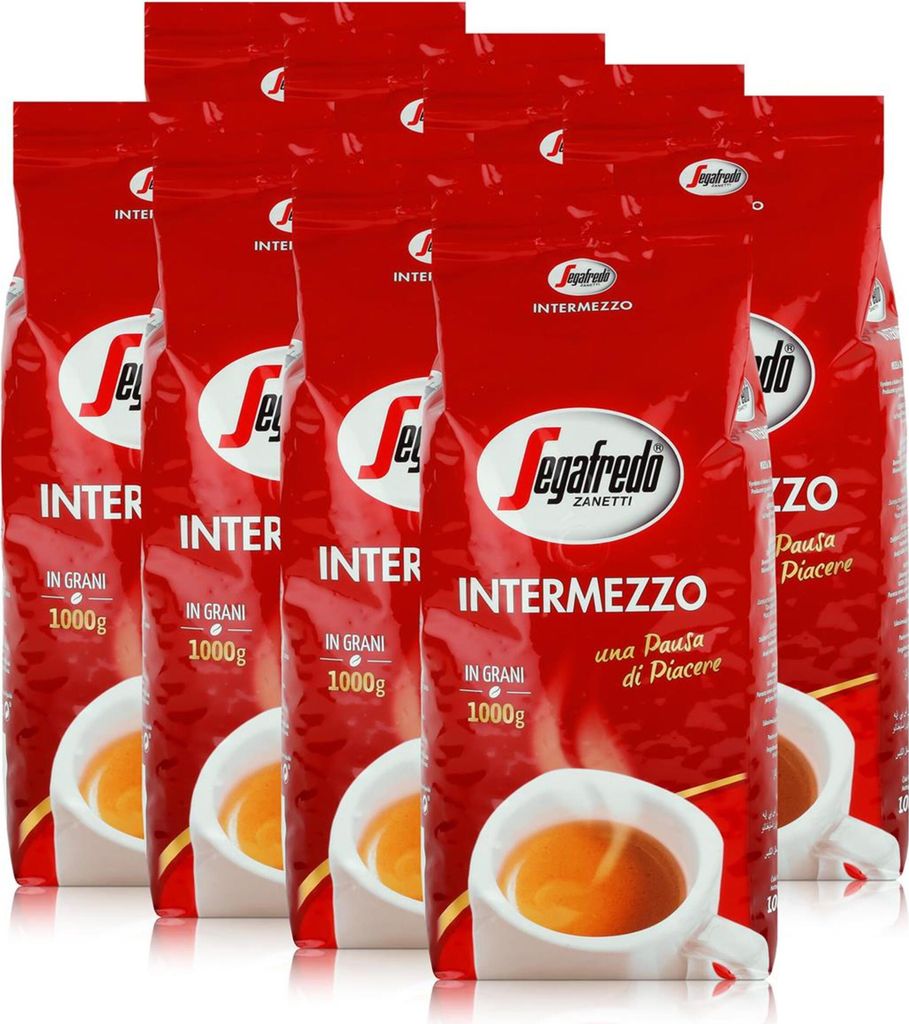 A group of red coffee bags with the Segafredo Zanetti Intermezzo logo and product details.