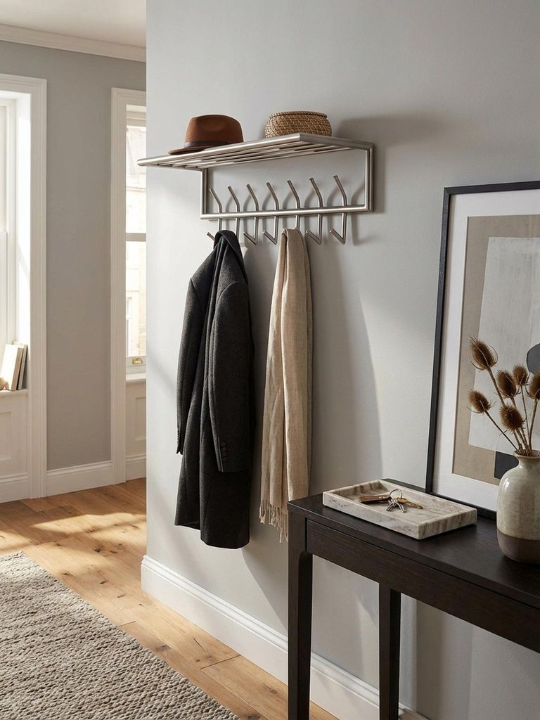 Wandgarderobe Metall Silber 74,5x29x30 cm Flurgarderobe mit Ablage, Design Hakenleiste Wandpaneel Stahl, Garderobe Wand mit Hutablage, Garderobenle...