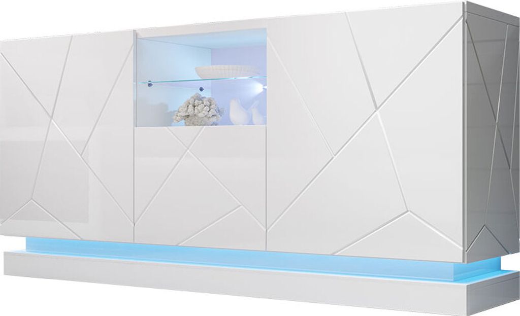 MIRJAN24 Türkommode Qiu 2D1K, Highboard mit 2 Drehtüren und Klappe, gedämpftem Schließsystem (Farbe: Weiß / Weiß Hochglanz, mit LED Beleuchtung)