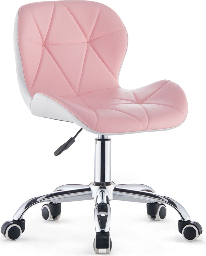 A pink and white office chair with a chrome base and wheels, shown from a front-side angle against a white background.
