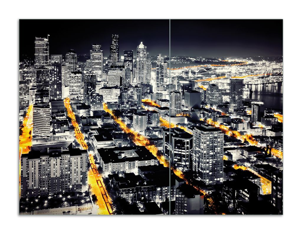 Wallario Herdabdeckplatte aus Glas, Größe 70 x 52 cm 2-teilig, Motiv Großstadt bei Nacht - Seattle in schwarz weiß gelb