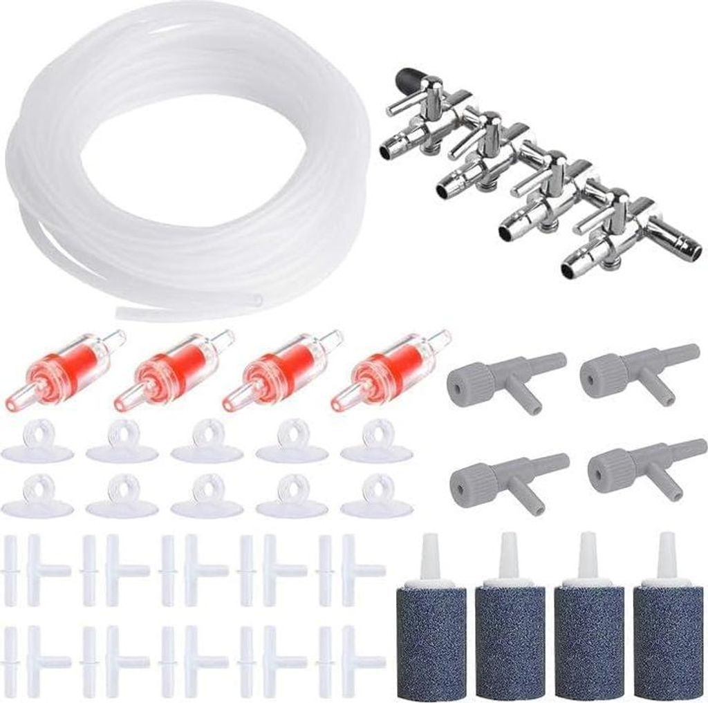Air Luftpumpe Zubehör für Fische Tank, 4-Wege Aquarium Luft Strömungsregler Ventil, 8M Silikonschlauch, 4 Rückschlagventile, 4 Luftsteine, 10 S...
