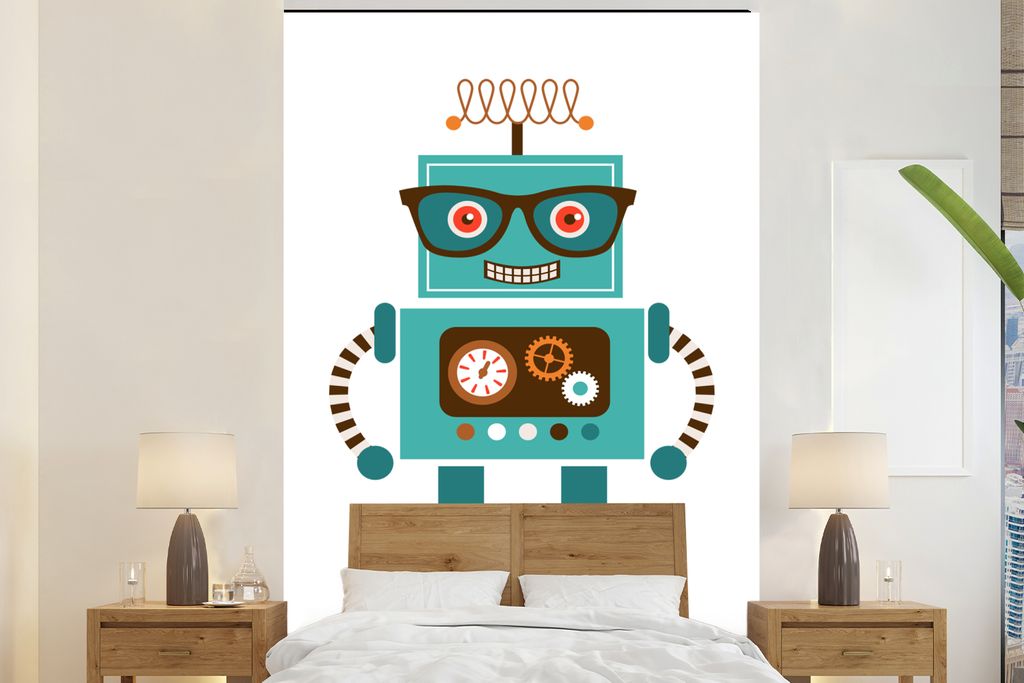 MuchoWow Fototapete für Wohnzimmer oder Schlafzimmer Wandtapete Vinyl Motivtapete Roboter - Schutzbrille - Zahnräder - Gesicht - Jungen - Kinde...