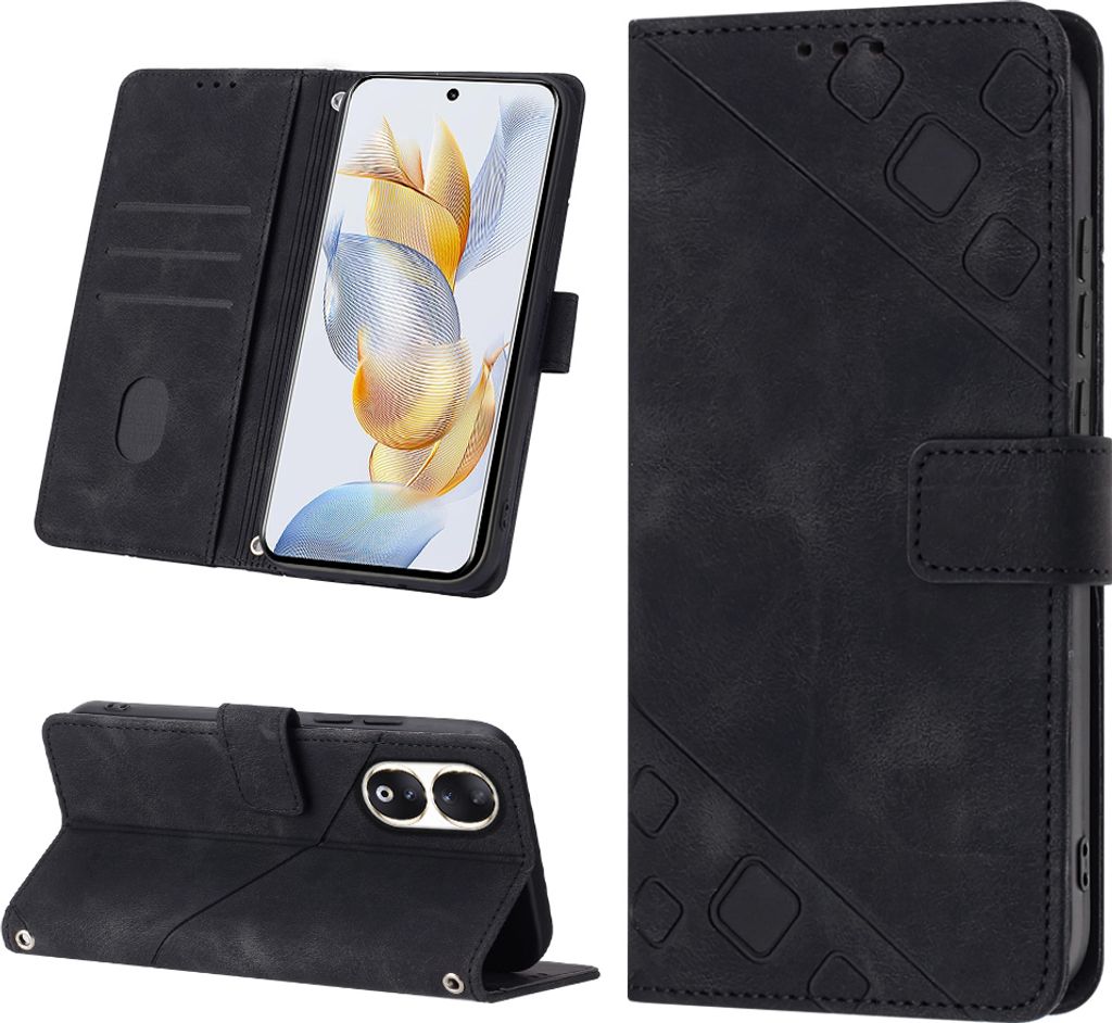 Hülle für Honor 90 Prägung Flip Leder Brieftasche Schutzhülle mit Ständer Schwarz