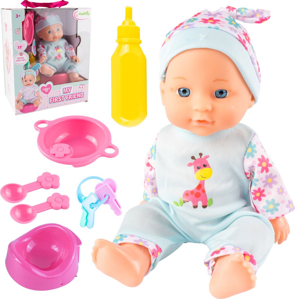 Malplay Babypuppe Fütternde in Kleidung Töpfchen Flasche Besteck Zubehör weiche, ab 3 Jahren Geschenk