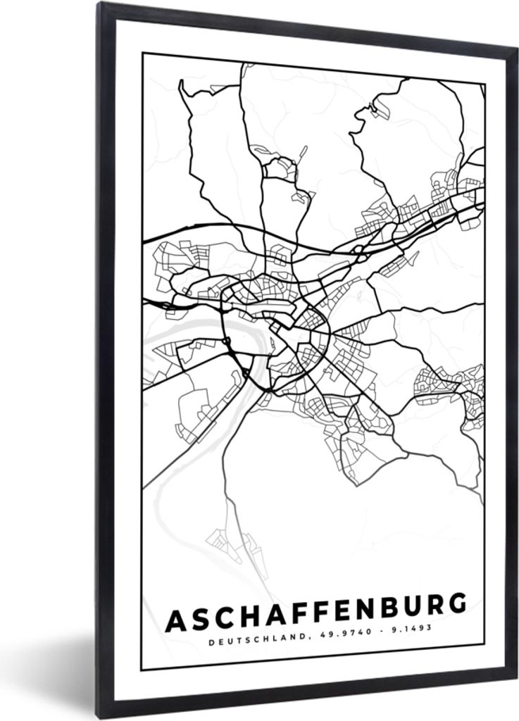 MuchoWow Gerahmtes Poster Afschaffenburg - Stadtplan - Karte 40x60 cm - Poster mit Schwarzem Bilderrahmen Wandposter Rahmen Foto Bilder - Papierd...