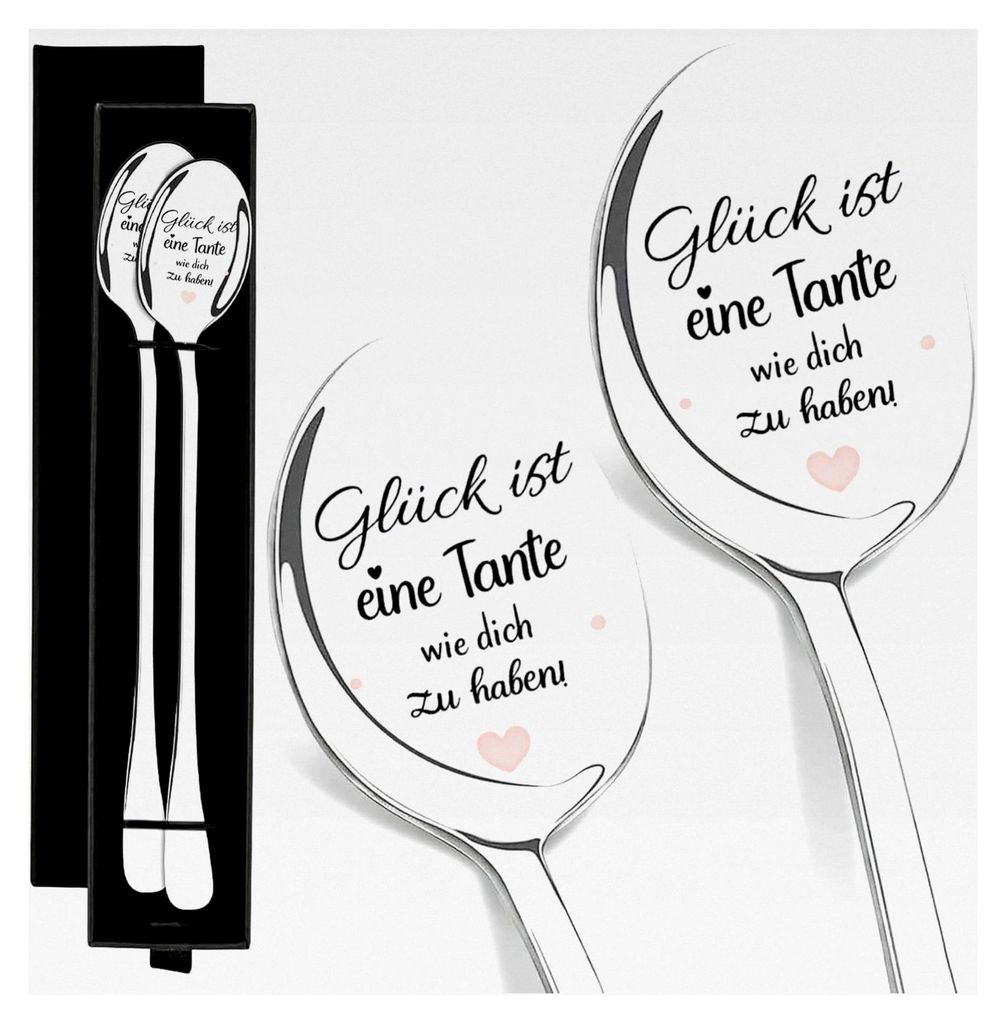 2 Stück Löffel mit Gravur, Geschenk für Tante zum Geburtstag, Edelstahl Besteck mit Gravur 'Glück ist eine Tante wie dich zu haben' in Box