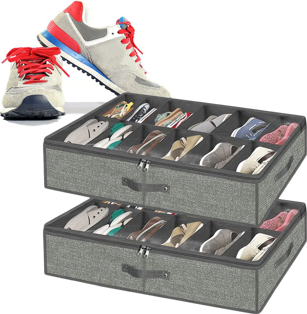 2x Unterbettkommode, Unterbett Aufbewahrungsbox Mit Deckel, Passt 12 Paare, Schuhorganizer Platzsparend, Schuh Organizer Für Schrank Aufbewahrung