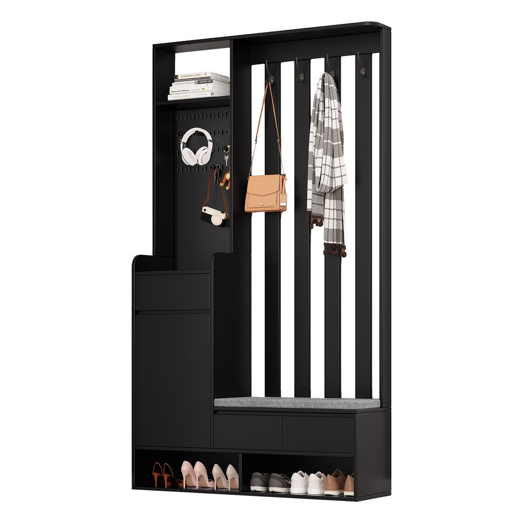 Garderoben-Set mit Sitzfläche, Schuhregal, Schubladen, Schrank und Haken, Wandgarderobe