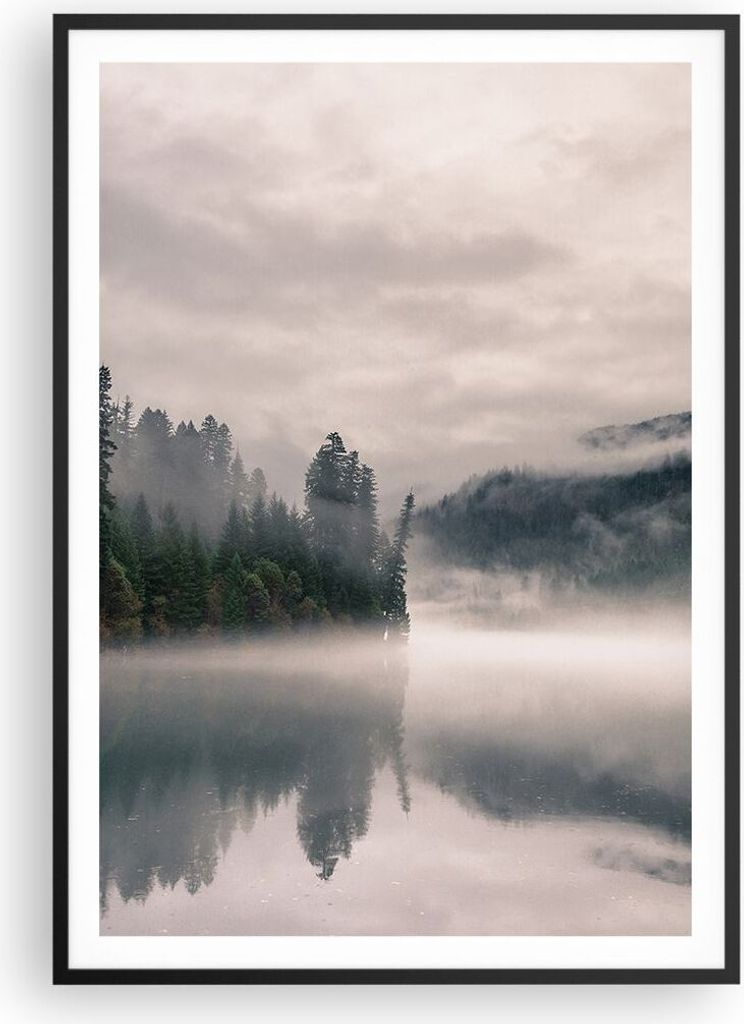 Gerahmtes Poster - Schwarzer Rahmen - Reflexion Nebel Landschaft - 70x100 cm - Wand Bild - Wanddeko - Wandbilder - Kunstposter - Wandposter - Bilde...