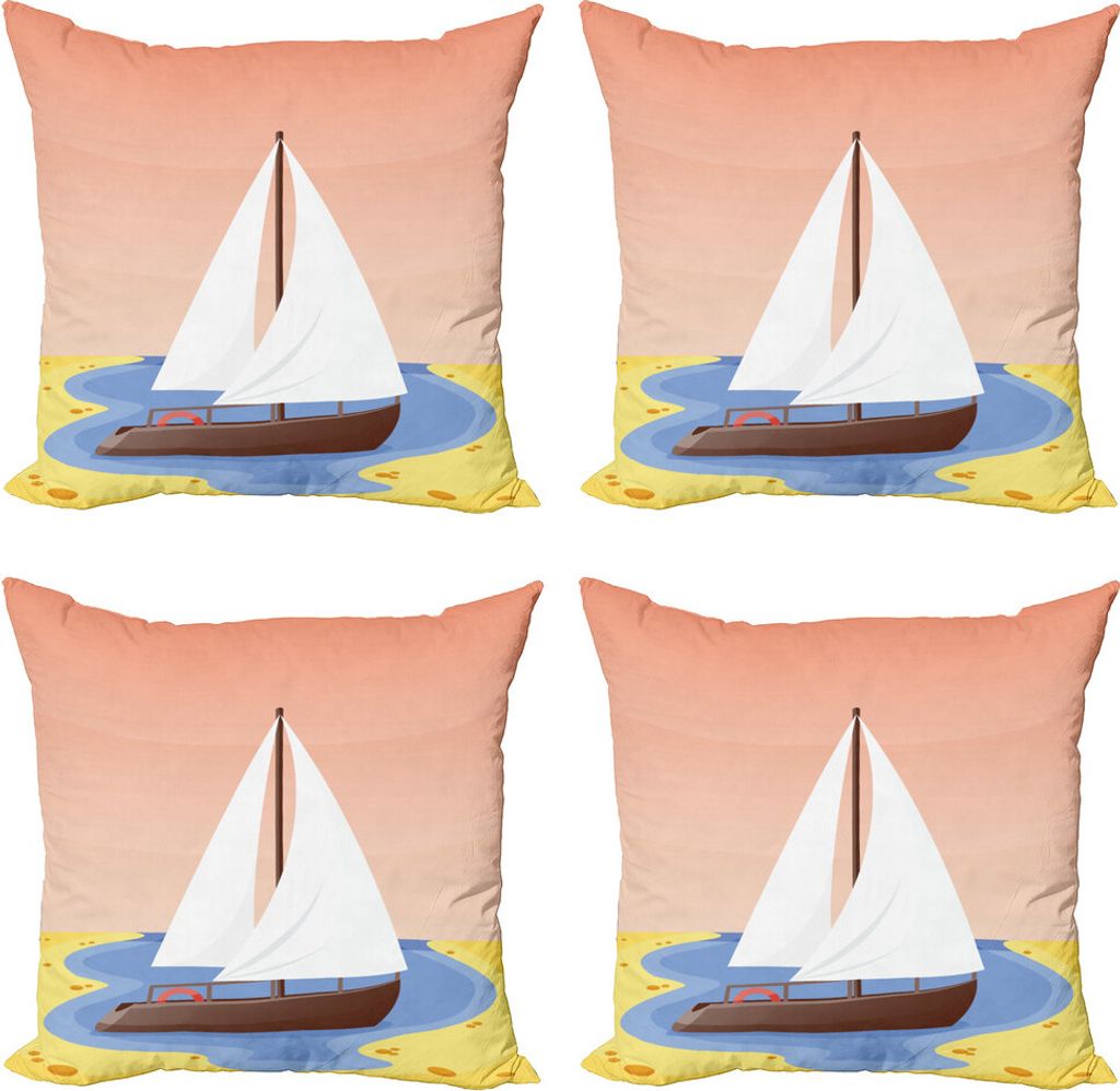 ABAKUHAUS Marine Kissenbezug Set (4 Stück), Pastellsegelboot in einer Bucht, Moderner Doppelseitiger Digitaldruck, 45 cm x 45 cm, Peach Pale Azure...