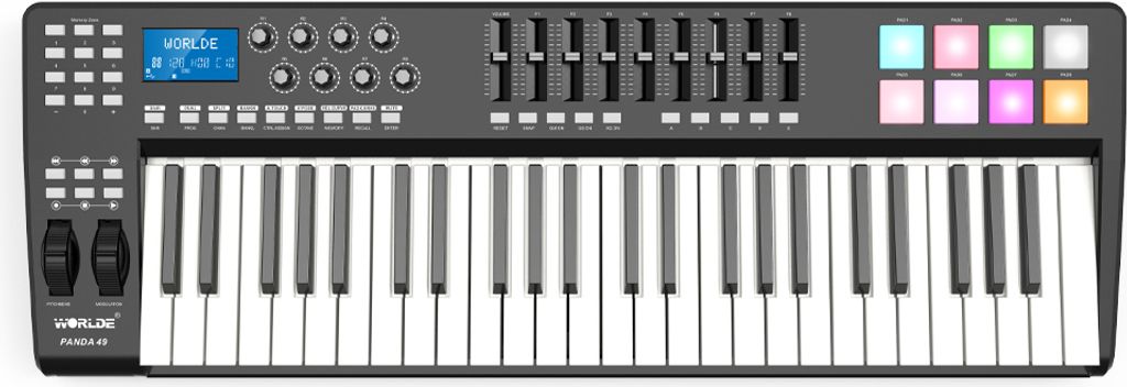 WORLDE PANDA49 Tragbarer 49-Tasten-USB-MIDI-Keyboard-Controller, 8 RGB-trigger-Pads mit bunter Hintergrundbeleuchtung und USB-Kabel