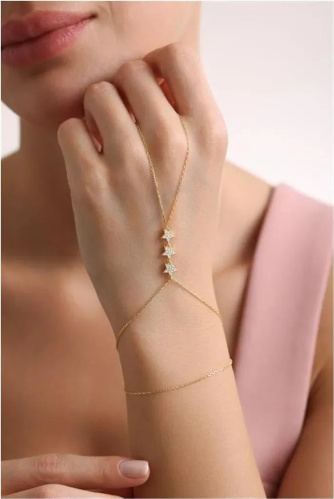 Bracelet main Şahmeran argent 925 doré étoiles : bijou hypoallergénique