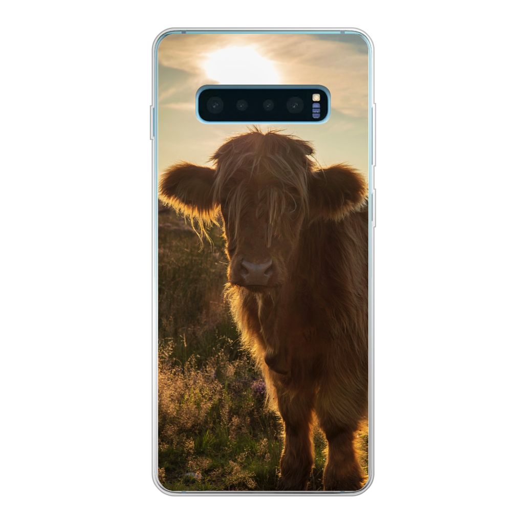 MuchoWow Handyhülle Schutzhülle Hülle für Samsung Galaxy S10 Plus Schottischer Highlander - Sonnenuntergang - Gras Silikon Softcase Handy Hü...