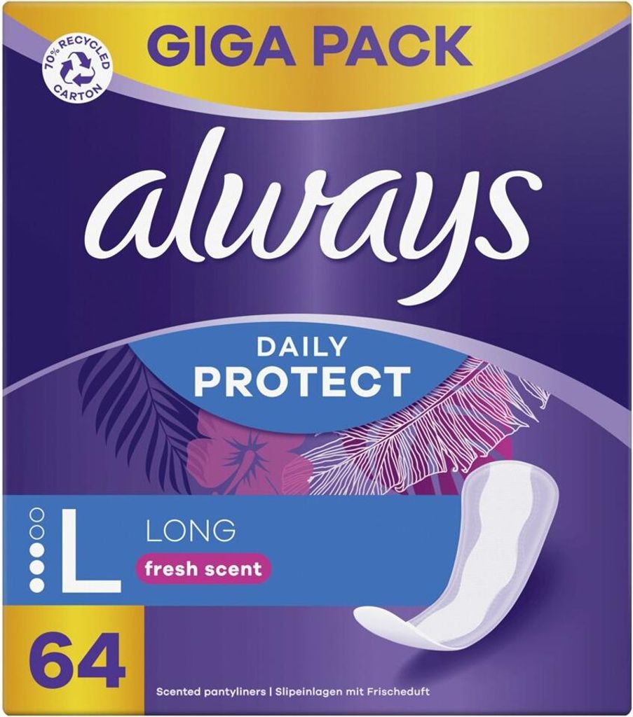 The image shows the packaging of Always Daily Protect Long panty liners.