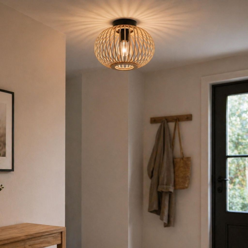 Stropná lampa, 30 cm, E27, bambus/kov, prírodná/čierna Obrázok produktu 