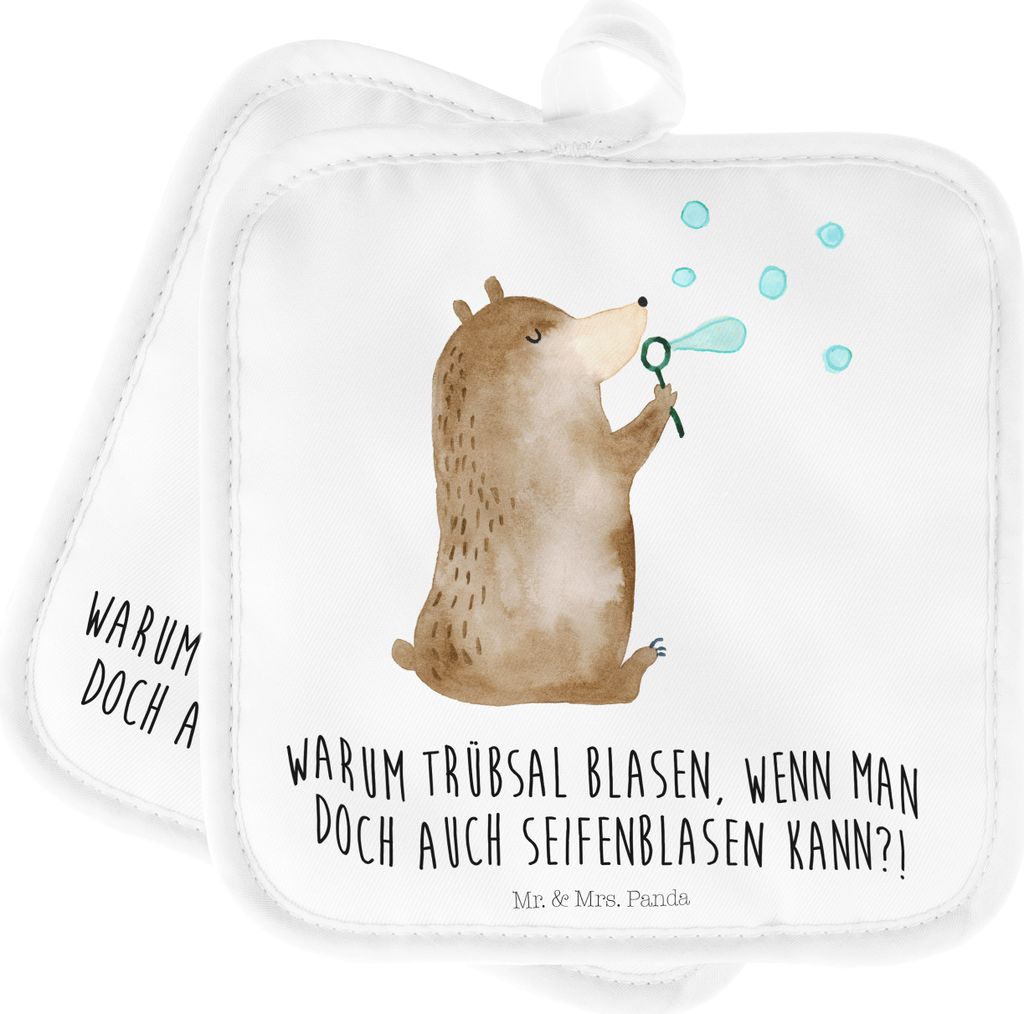 Mr. & Mrs. Panda Topfuntersetzer Bär Seifenblasen - Weiß - Geschenk, Topflappen, Topflappenset, Set, Teddy, Kochlappen, topfhalter, Lustig Sein G...