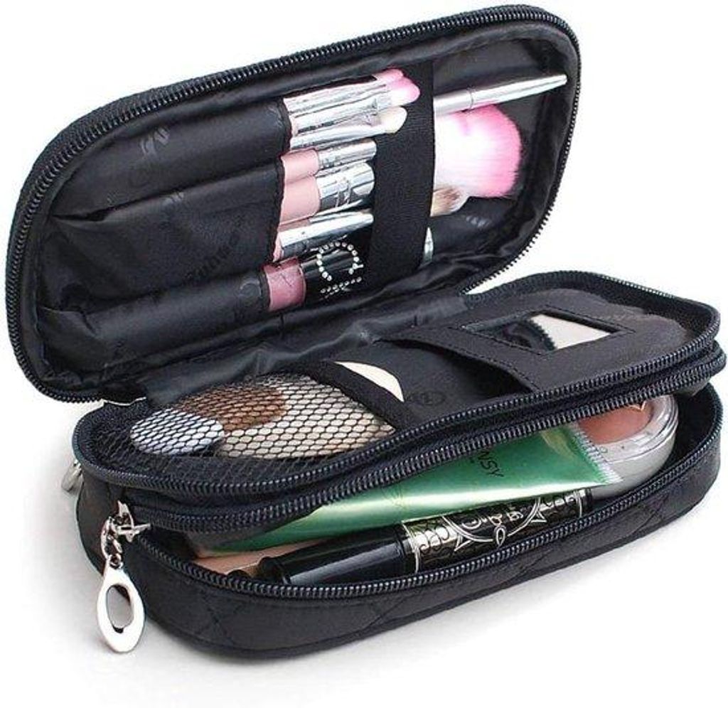 Reisbeutel für Damen, Reiseorganizer mit 2 Kompartmenten, Kosmetikkoffer für Schmuck/Lippenstift/Oogschaduwbürste (schwarz)