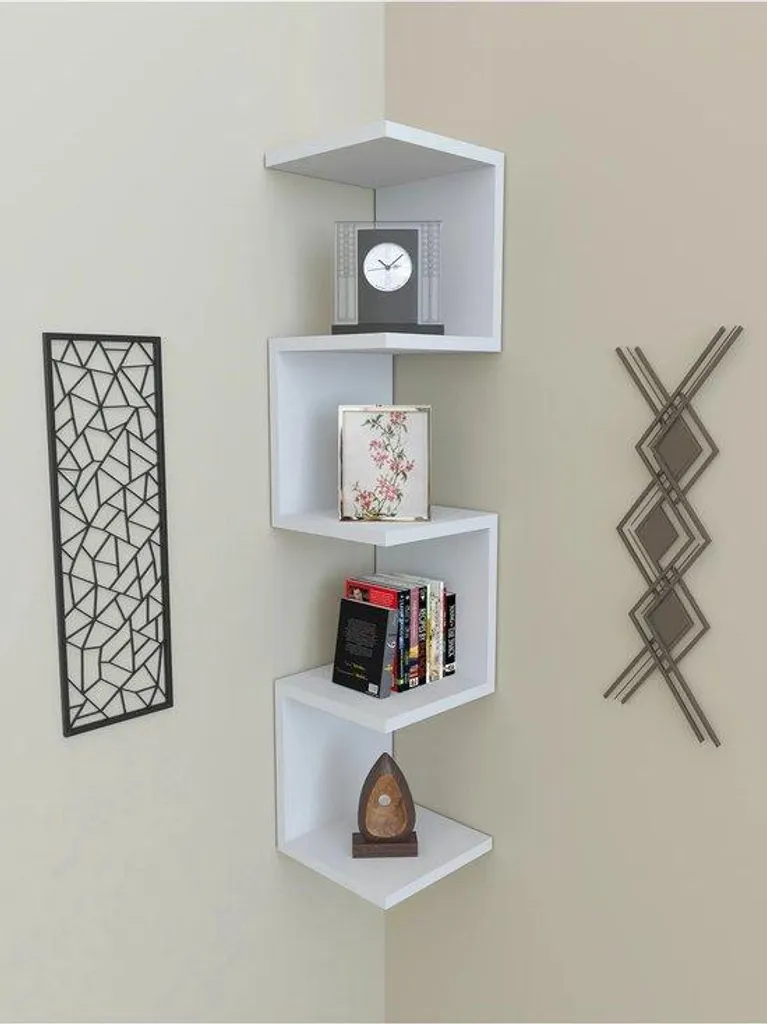 Étagère murale d'angle zigzag avec 5 tablettes en MDF blanc 23x23x111cm