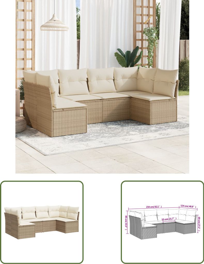 The Living Store 6-tlg. Garten-Sofagarnitur mit Kissen Beige Poly Rattan