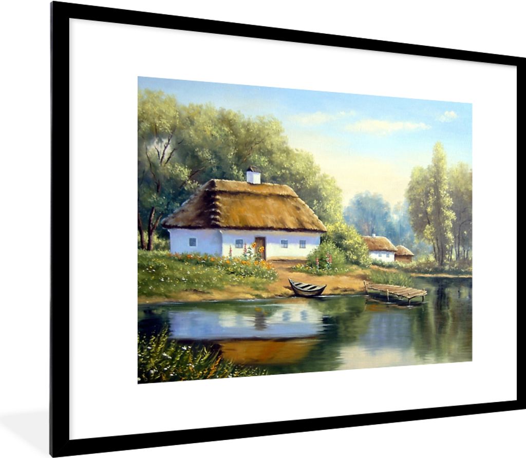 MuchoWow Gerahmtes Poster Malerei - Haus - Natur - Wasser - Ölfarbe 80x60 cm - Poster mit Schwarzem Bilderrahmen Wandposter Rahmen Foto Bilder -...