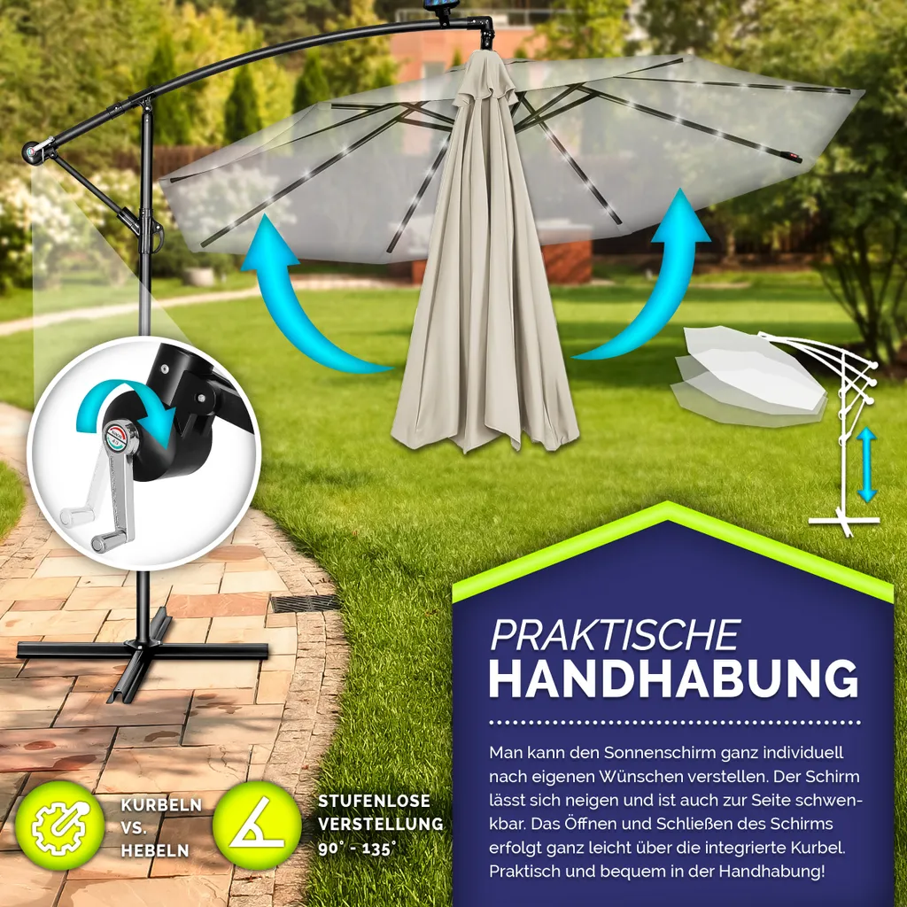 tillvex ombrellone a sbalzo in alluminio Beige LED Solar Ø 350 cm con manovella | ombrellone con interruttore on/off | ombrellone da giardino protezione UV alluminio | ombrellone a manovella con supporto ombrellone da mercato impermeabile - 3
