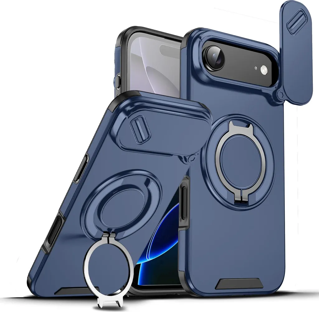 Custodia a doppio strato per iPhone Air, con copertura scorrevole della fotocamera e supporto magnetico ad anello Blu - 1