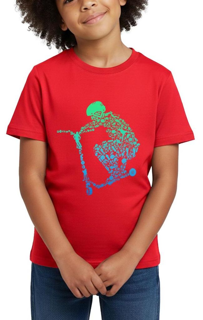 Spreadshirt Scooter Roller Stunt Freestyle Mit Helm Sprung Kinder T-Shirt, 110/116 (5-6 Jahre), Rot