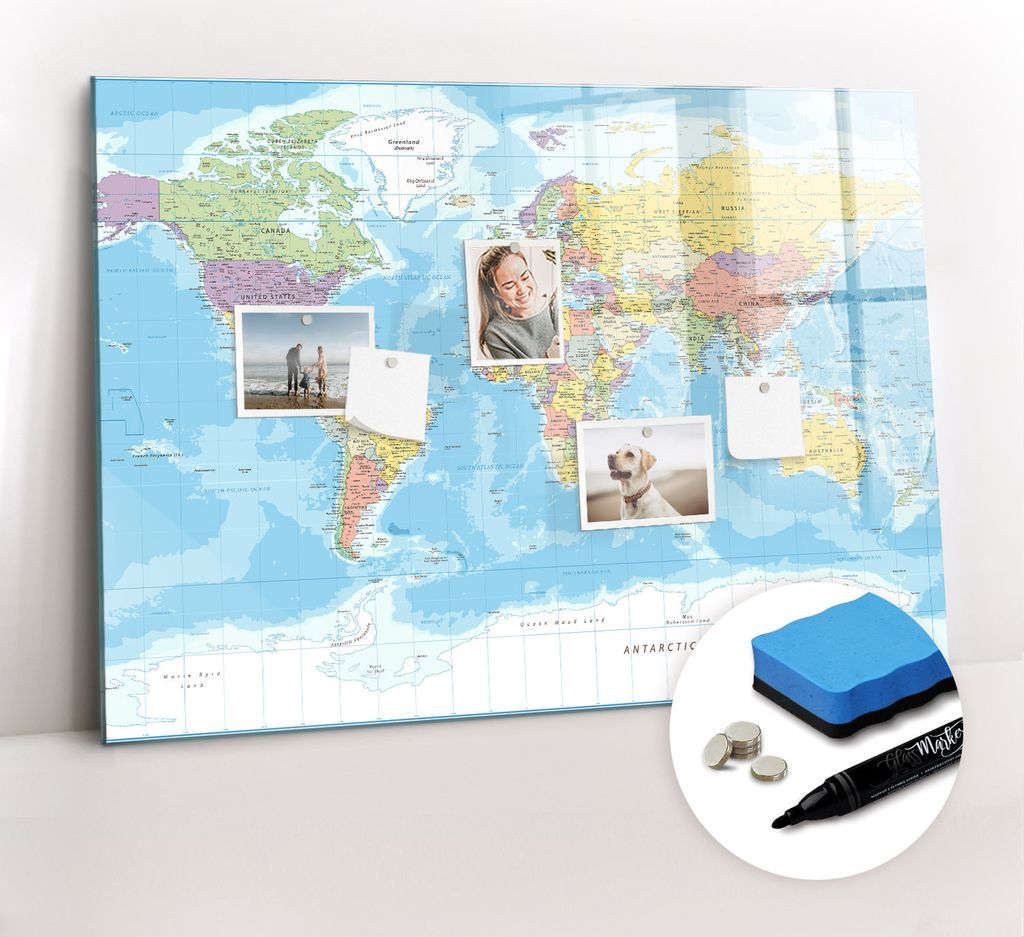 Magnetpinnwand Memoboard - Zubehörsatz - Schwarzer Marker + Schwamm + Magnete - 100 x 70 cm - Politische Weltkarte