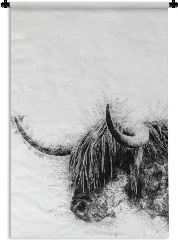 MuchoWow Wandteppich Wandbehang Schottischer Highlander - Schwarz - Weiß - Abstrakt 90x135 cm Tapisserie Dekoration Wandtuch - Baumwolle - Wands...