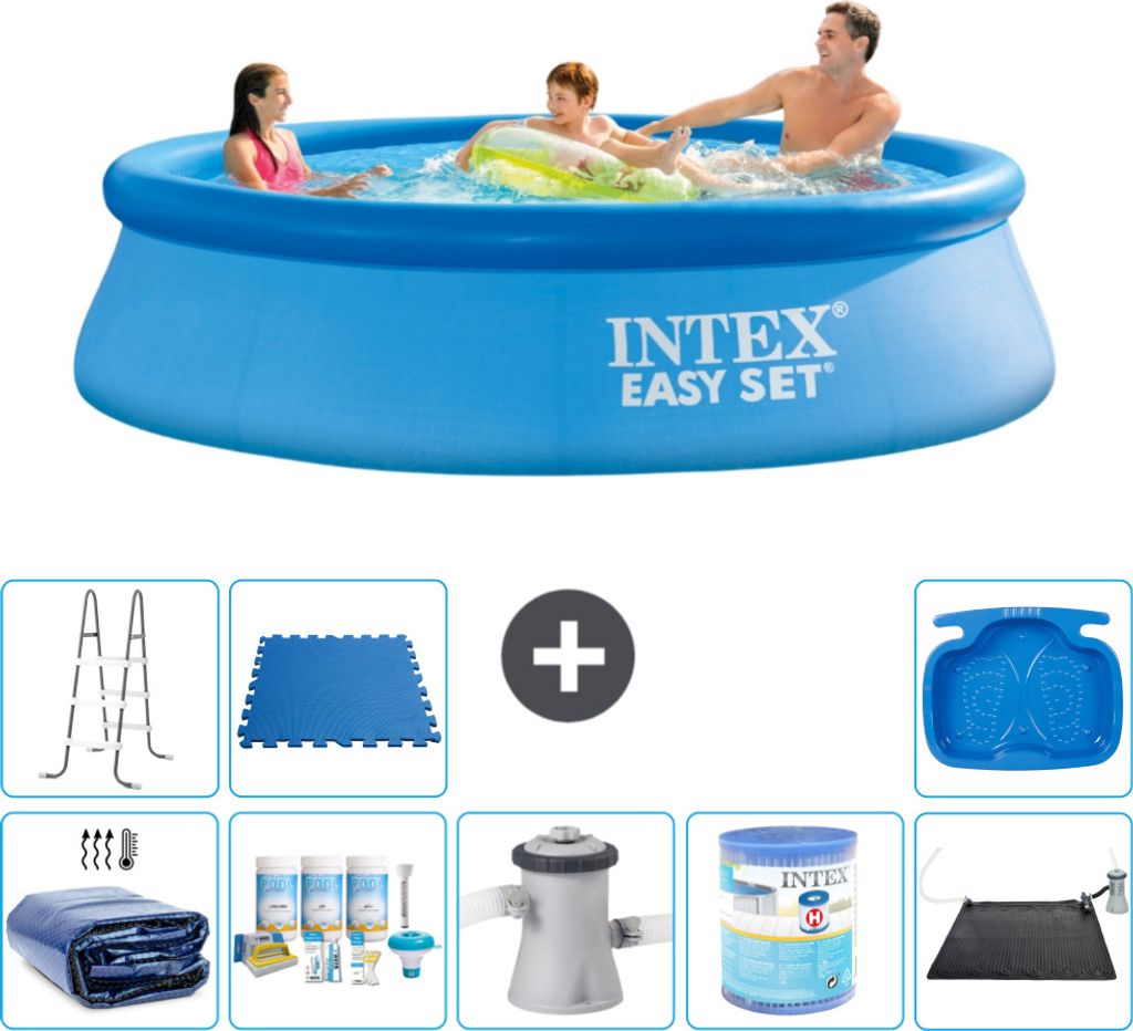 Intex runder aufblasbarer Easy Set-Pool – 305 x 76 cm – Blau – im Lieferumfang enthalten Sonnensegel - Wartungspaket - Filterpumpe für Schwi...