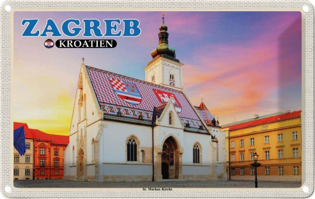 vianmo Blechschild 12x18 cm Zagreb Kroatien St. Markus Kirche Bildmotiv Reisemotiv Abenteuer Reisen