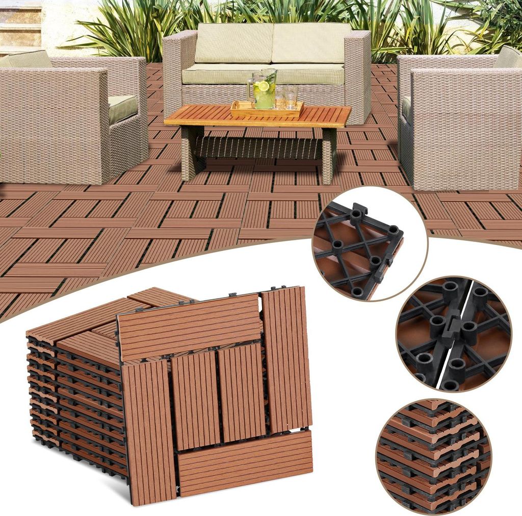 Ikodm WPC Terrassenfliesen 110er Spar Set für 10m², 30x30 cm, Braun in Holzoptik, für Garten Balkon Bodenbelag mit Drainage und Klicksystem