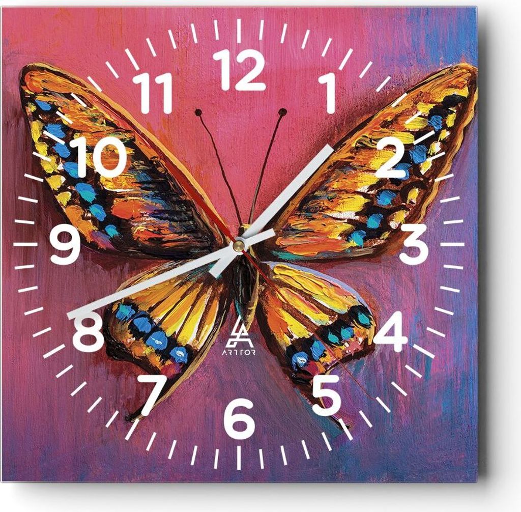 Wanduhr - Quadrat - Glasuhr - Schmetterling bunt gemalt - 30x30cm - Schleichendes Uhrwerk - Lautlos - zum Aufhängen bereit - Dekoration Modern - W...