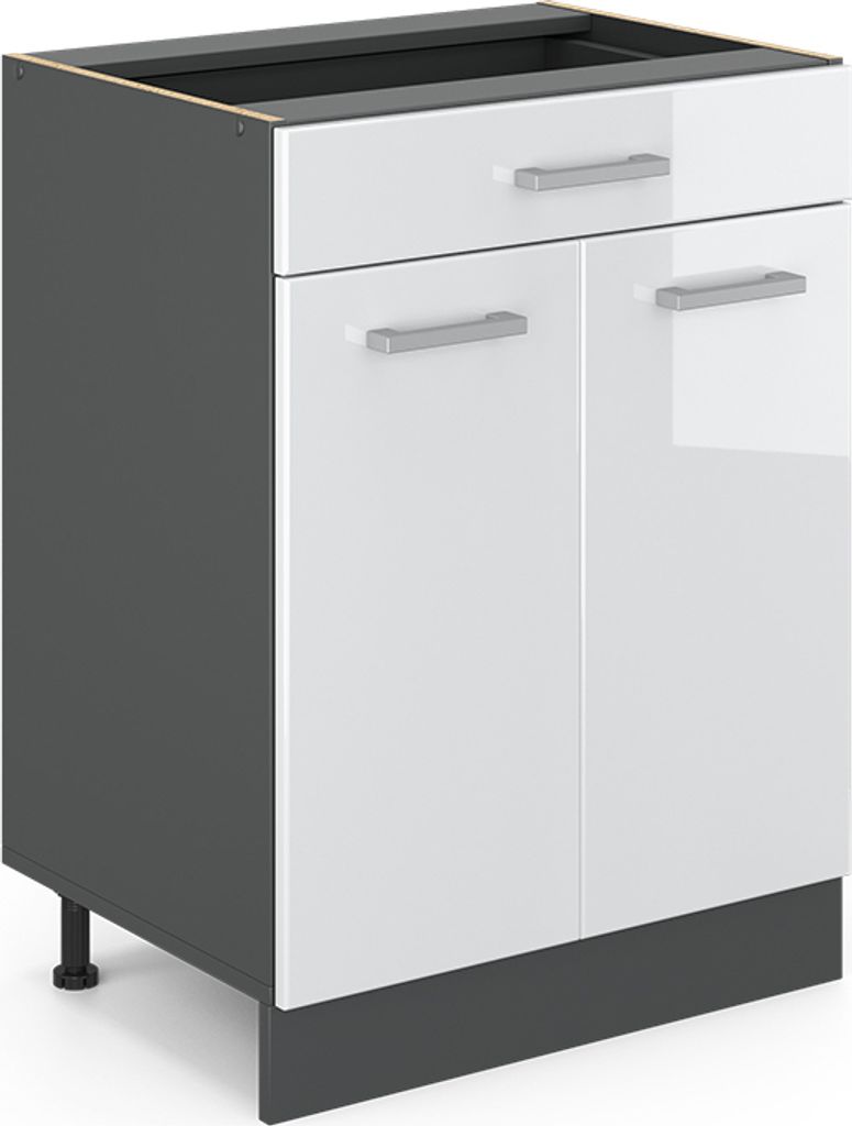 A 3D rendering of a kitchen base cabinet with a drawer and two doors.
