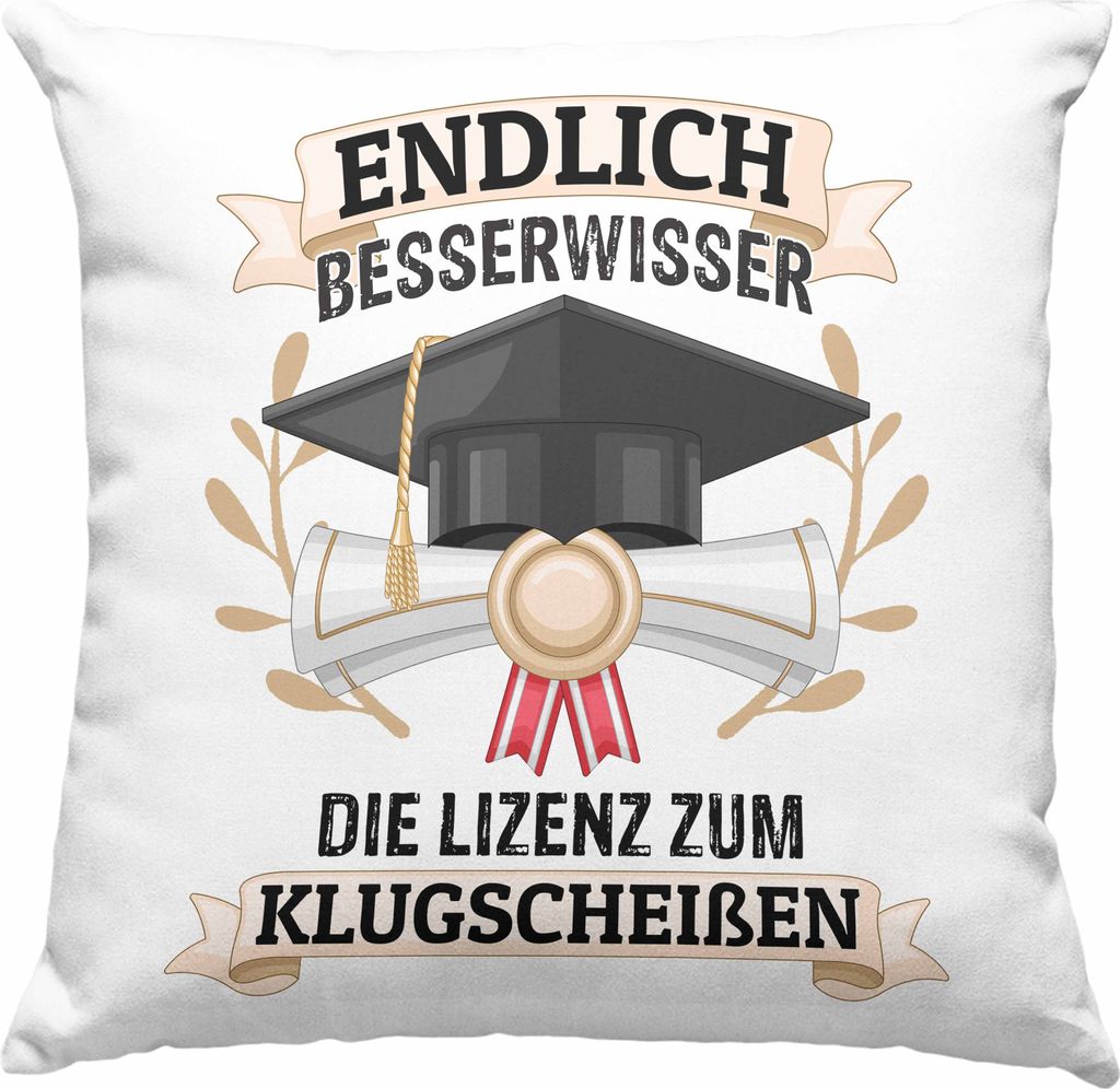 Trendation - Bachelor Abschluss Geschenk Deko-Kissen mit Füllung 40x40 Prüfung Bestanden Uni Graduation Geschenkidee - Endlich Besserwisser (Grau)